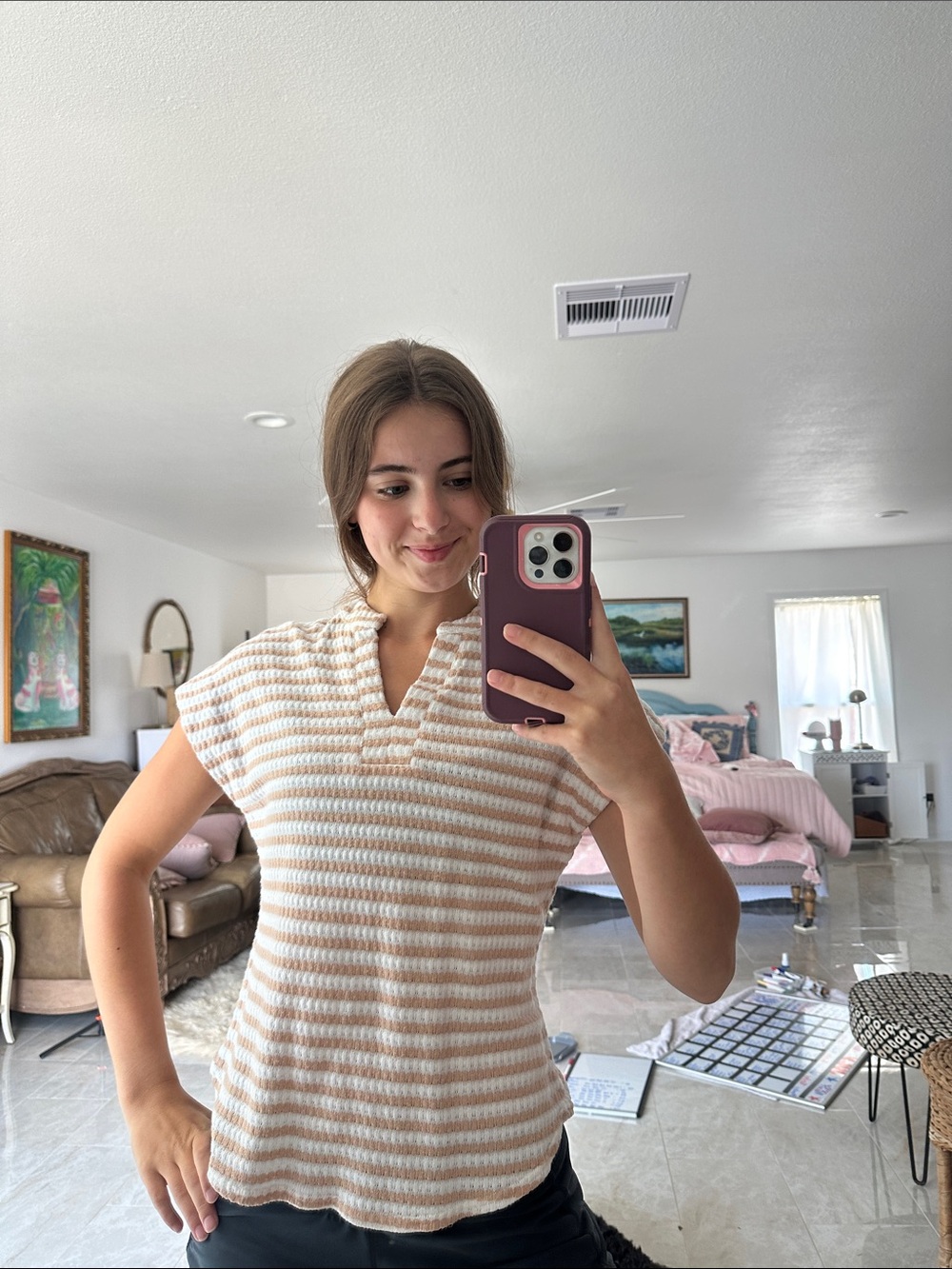 Wrapper Striped V-Neck Tank Top in Cream & Tan